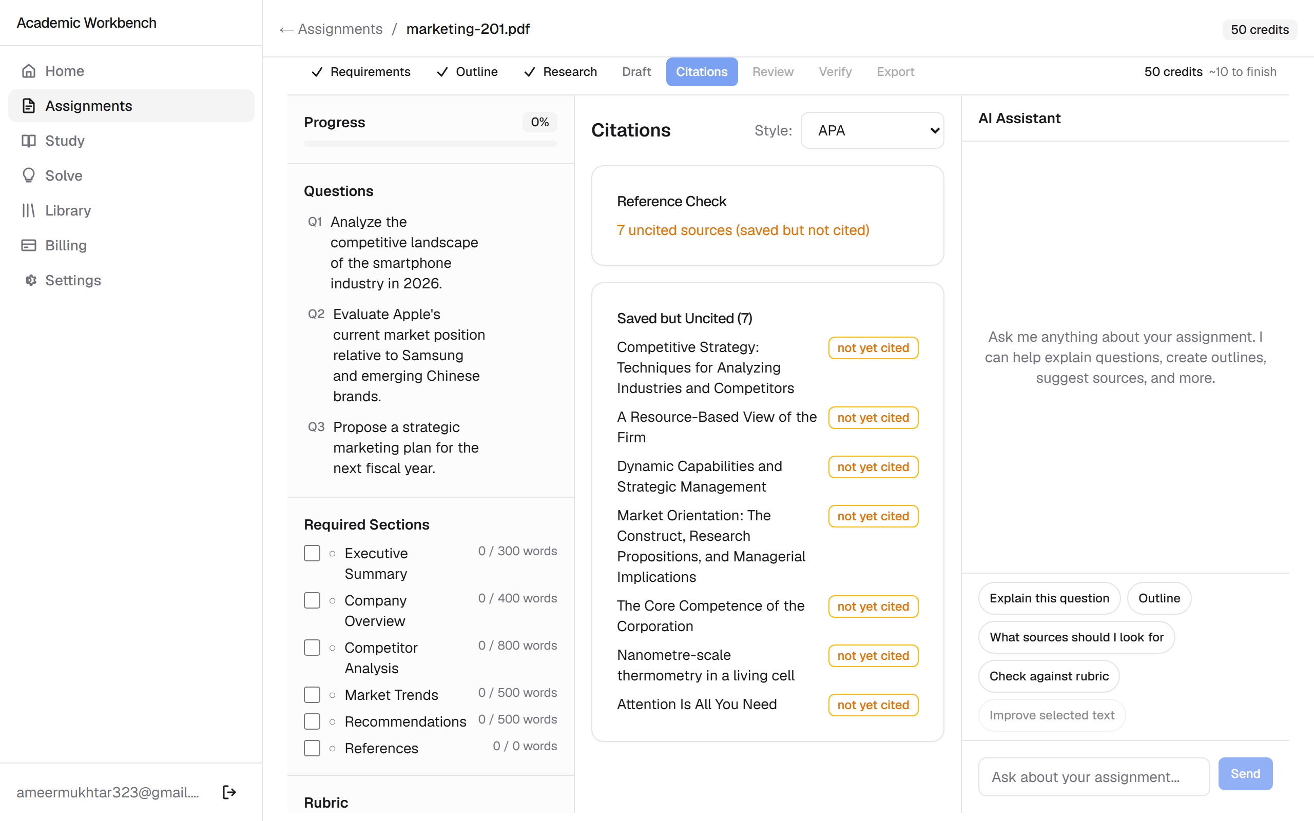 Citations panel listing sources in APA style