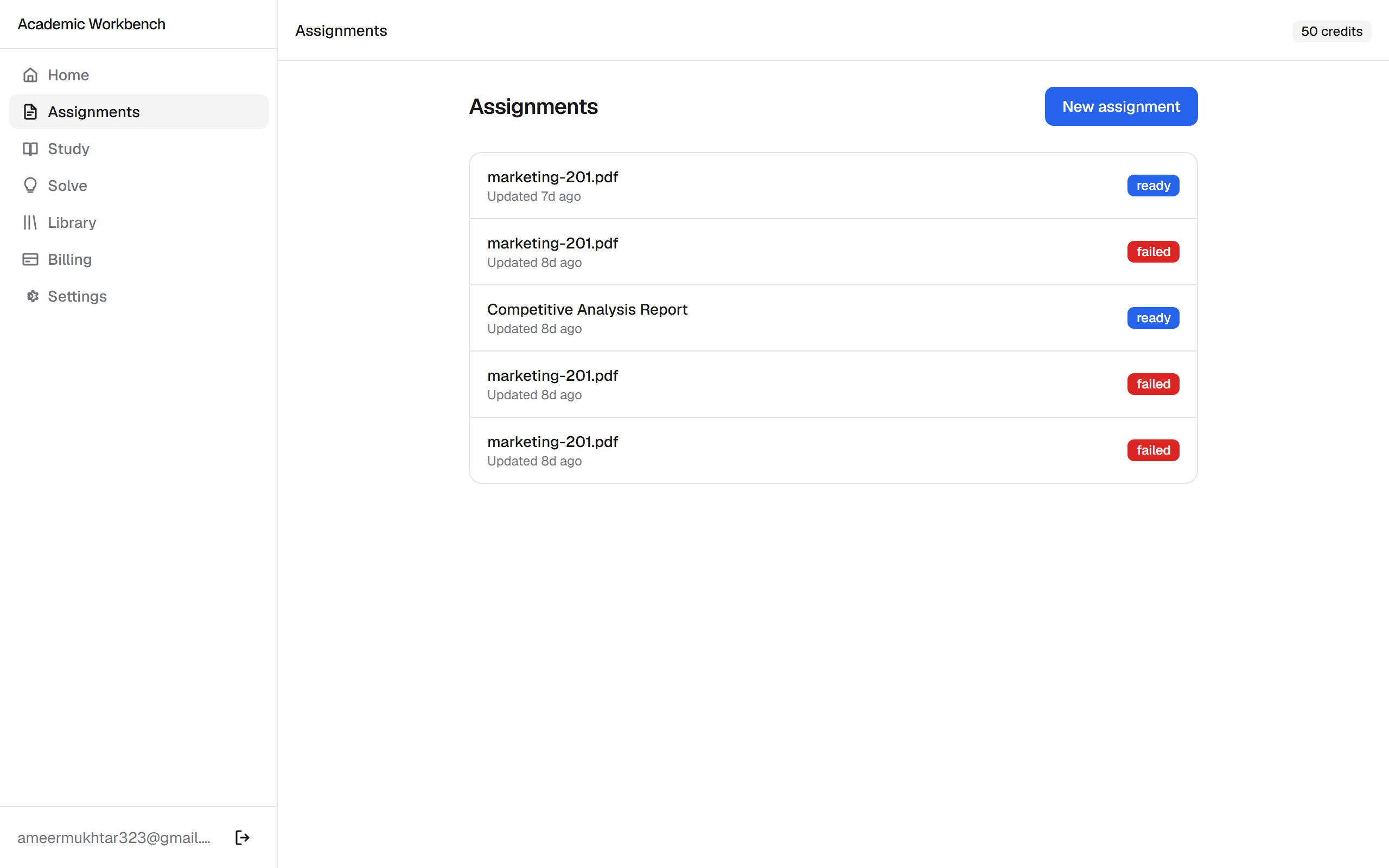 Assignment workspace dashboard showing active assignments
